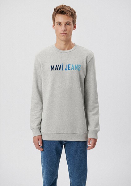 Erkek Mavi Jeans Baskılı Bisiklet Yaka Gri Sweatshirt 067146-35010