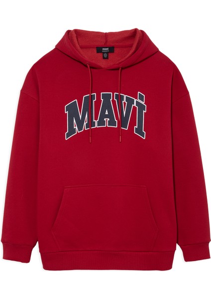 Erkek Mavi Logo Baskılı Kapüşonlu Kırmızı Sweatshirt 067149-70464