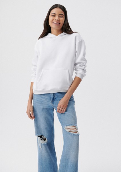 Kadın Kapüşonlu Beyaz Basic Sweatshirt 167299-70000