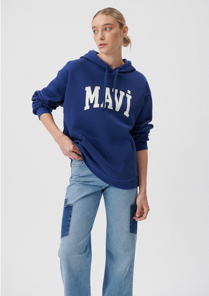 Kadın Mavi Logo Baskılı Kapüşonlu Lacivert Sweatshirt 1600361-70722