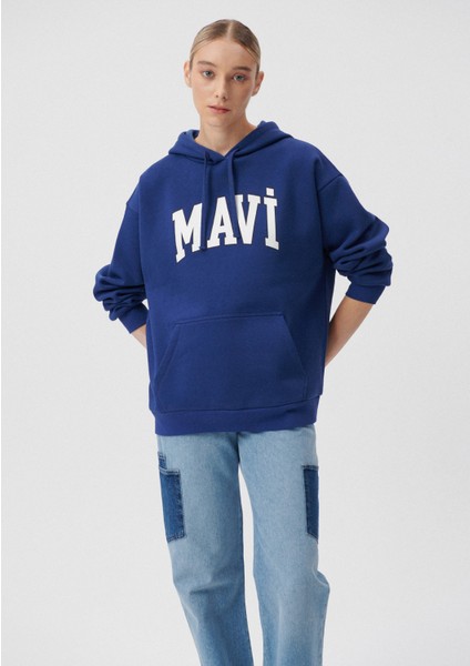 Kadın Mavi Logo Baskılı Kapüşonlu Lacivert Sweatshirt 1600361-70722