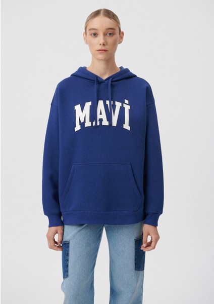 Kadın Mavi Logo Baskılı Kapüşonlu Lacivert Sweatshirt 1600361-70722