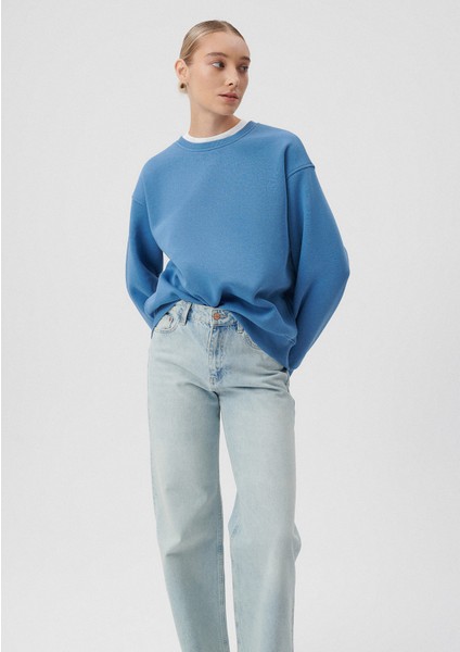 Kadın Bisiklet Yaka Mavi Basic Sweatshirt 1610198-70885