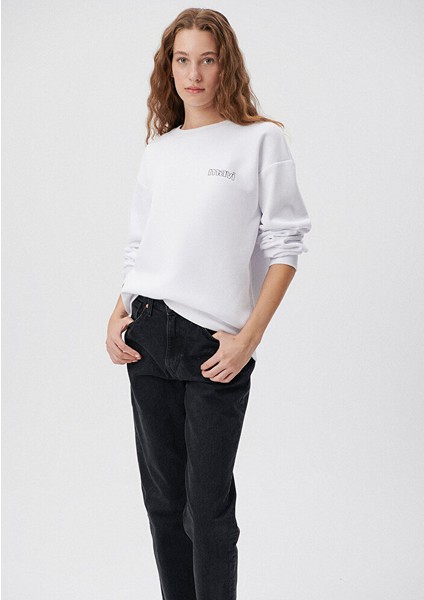 Kadın Mavi Logo Baskılı Beyaz Sweatshirt 1611656-620