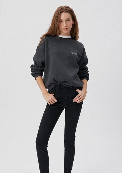 Kadın Mavi Logo Baskılı Gri Sweatshirt 1611656-82185