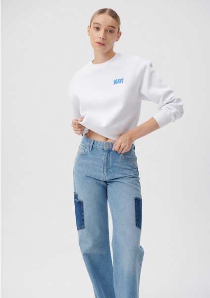 Kadın Mavi Logo Baskılı Beyaz Crop Sweatshirt 1611601-620