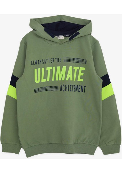 Erkek Çocuk Sweatshirt Kapüşonlu Yazı Baskılı 8-14 Yaş, Mint Yeşili