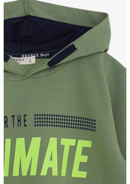 Erkek Çocuk Sweatshirt Kapüşonlu Yazı Baskılı 8-14 Yaş, Mint Yeşili