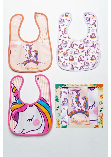 Unicorn Temalı Kare 3 Parça Microfiber Mama Önlüğü Kendi Kutusunda (Su Geçirmez) Çıtçıtlı