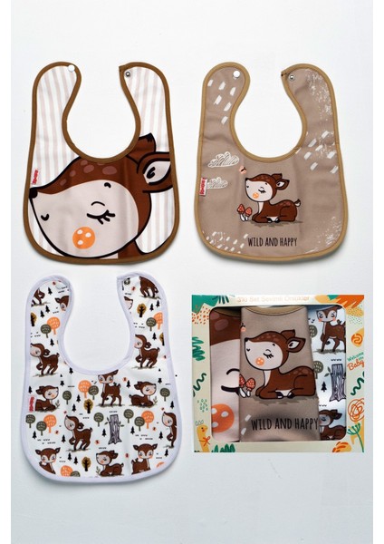 Karaca Temalı Kare 3 Parça Microfiber Mama Önlüğü Kendi Kutusunda (Su Geçirmez) Çıtçıtlı