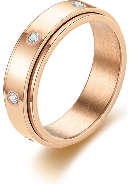 Moda Titanyum Çelik Yüzük 6mm Pembe Altın 7 Pırlanta (Yurt Dışından)