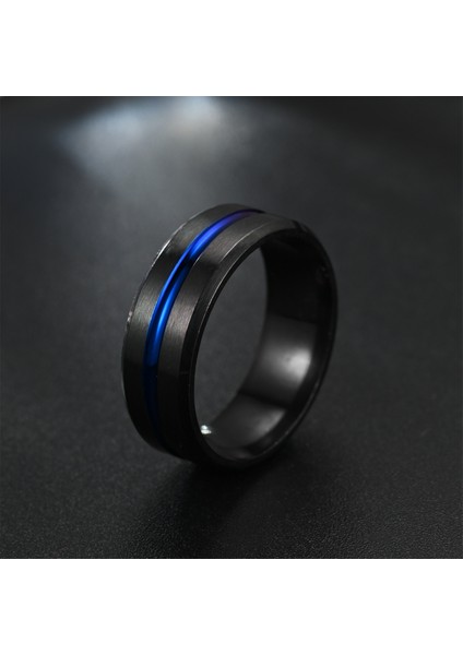 Mavi Çizgili, Modaya Uygun Titanyum Çelik Halka 8mm Çift Eğimli Siyah (Yurt Dışından)
