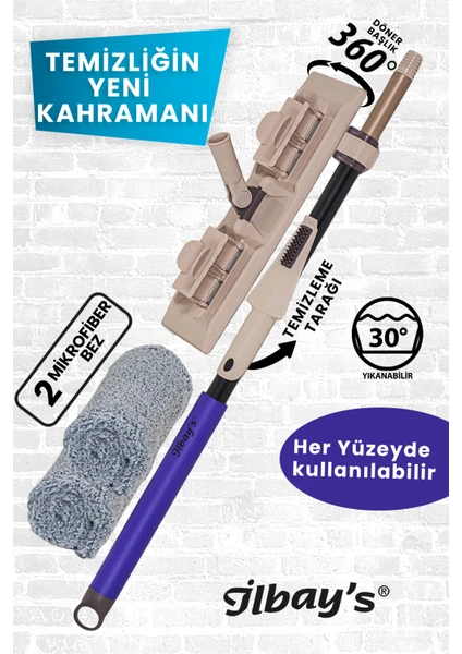 Ilbay's Mikrofiber Teleskopik Klipsli Paspas Mop 360°C Döner Başlık Tüm Yüzeyler Için Ithal