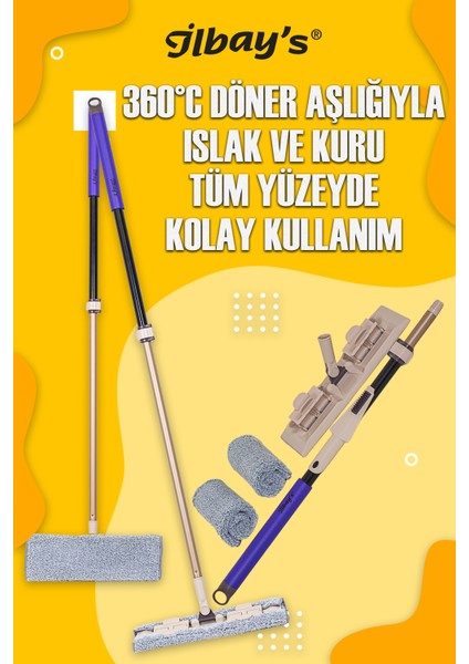 Ilbay's Mikrofiber Teleskopik Klipsli Paspas Mop 360°C Döner Başlık Tüm Yüzeyler Için Ithal