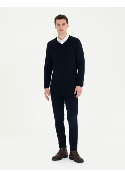 Erkek Lacivert Slim Fit V Yaka Basic Triko Kazak 50276156-VR033