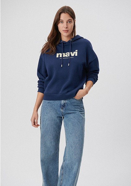 Kadın Mavi Logo Baskılı Kapüşonlu Lacivert Sweatshirt 168334-70488