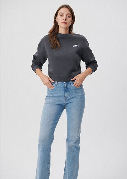 Kadın Mavi Logo Baskılı Gri Crop Sweatshirt 1611601-70763