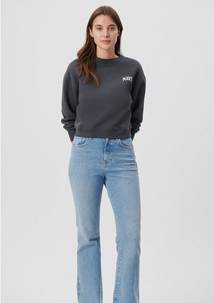 Kadın Mavi Logo Baskılı Gri Crop Sweatshirt 1611601-70763