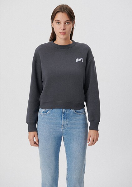 Kadın Mavi Logo Baskılı Gri Crop Sweatshirt 1611601-70763