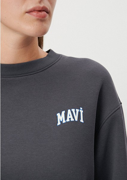 Kadın Mavi Logo Baskılı Gri Crop Sweatshirt 1611601-70763