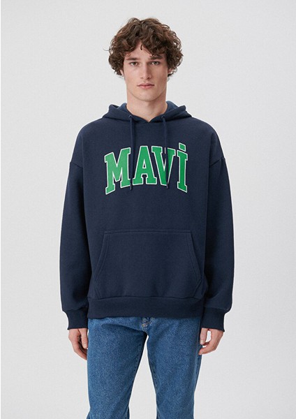 Erkek Mavi Logo Baskılı Kapüşonlu Lacivert Sweatshirt 067149-29743