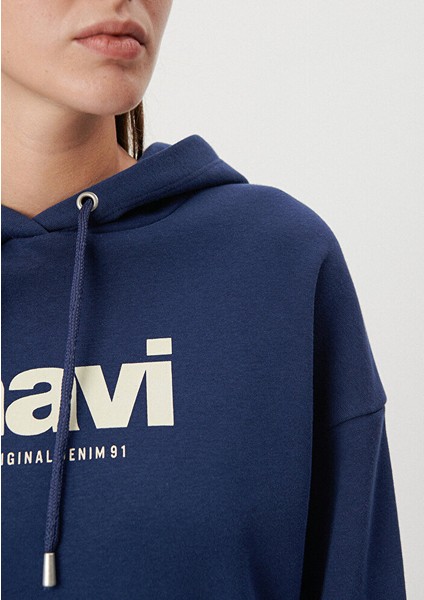 Kadın Mavi Logo Baskılı Kapüşonlu Lacivert Sweatshirt 168334-70488