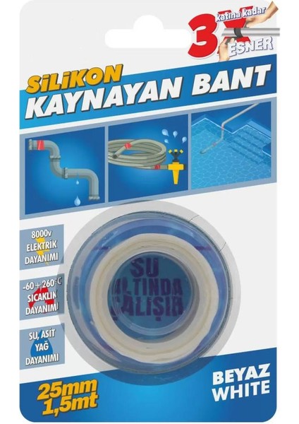 Kendinden Kaynayan Su Geçirmez Silikon Bant Beyaz 25 mm x 1,5 mt