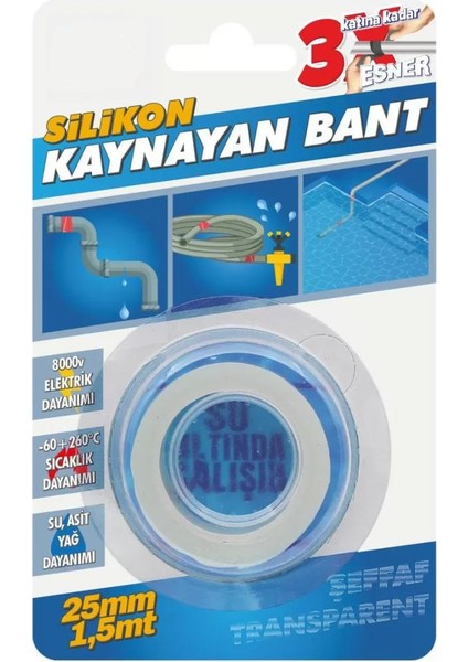 Kendinden Kaynayan Su Geçirmez Silikon Bant Şeffaf 25 mm x 1,5 mt