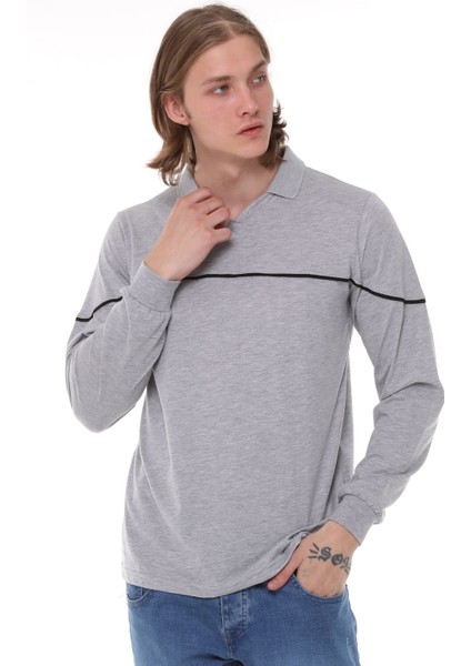 Uzun Kollu T- Shirt Penye Polo Yaka Pamuk Gri Melanj Erkek