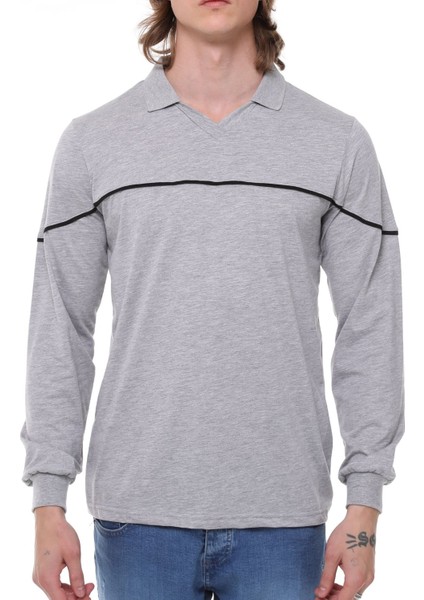 Uzun Kollu T- Shirt Penye Polo Yaka Pamuk Gri Melanj Erkek fiyatları
