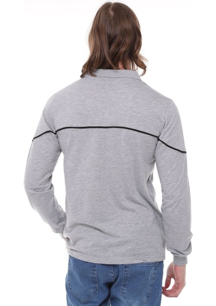 Uzun Kollu T- Shirt Penye Polo Yaka Pamuk Gri Melanj Erkek modelleri