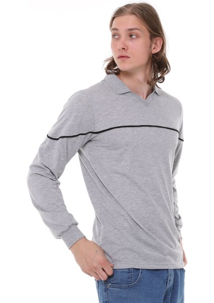 Uzun Kollu T- Shirt Penye Polo Yaka Pamuk Gri Melanj Erkek fırsatları
