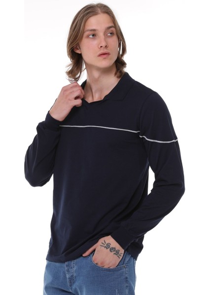 Uzun Kollu T- Shirt Penye Polo Yaka Pamuk Lacivert Erkek