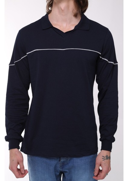 Uzun Kollu T- Shirt Penye Polo Yaka Pamuk Lacivert Erkek fiyatları