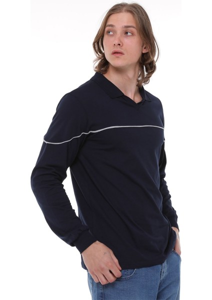 Uzun Kollu T- Shirt Penye Polo Yaka Pamuk Lacivert Erkek fırsatları