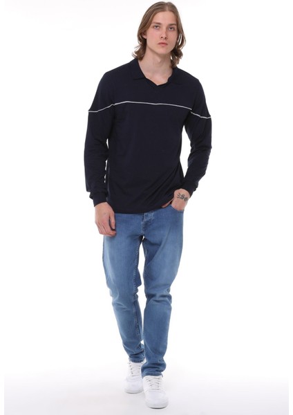 Uzun Kollu T- Shirt Penye Polo Yaka Pamuk Lacivert Erkek indirimleri