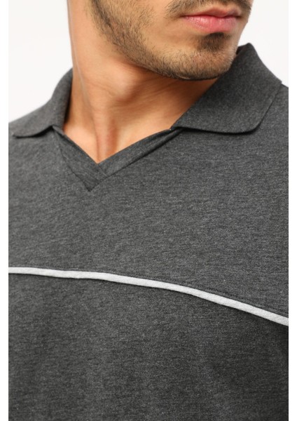 T- Shirt Penye Uzun Kollu Polo Yaka Pamuk Antrasit Melanj modelleri