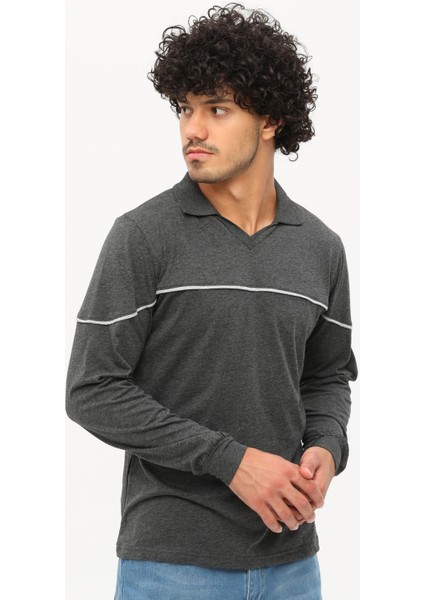 T- Shirt Penye Uzun Kollu Polo Yaka Pamuk Antrasit Melanj fırsatları