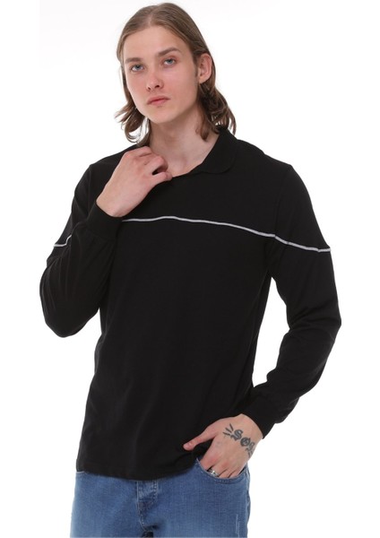 Uzun Kollu T- Shirt Penye Polo Yaka Pamuk Siyah Erkek