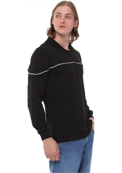 Uzun Kollu T- Shirt Penye Polo Yaka Pamuk Siyah Erkek fırsatları