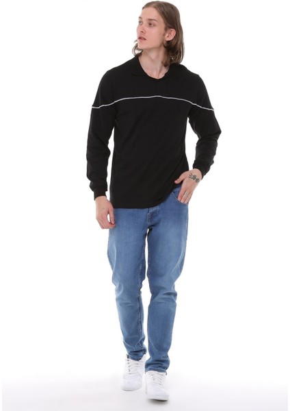 Uzun Kollu T- Shirt Penye Polo Yaka Pamuk Siyah Erkek indirimleri