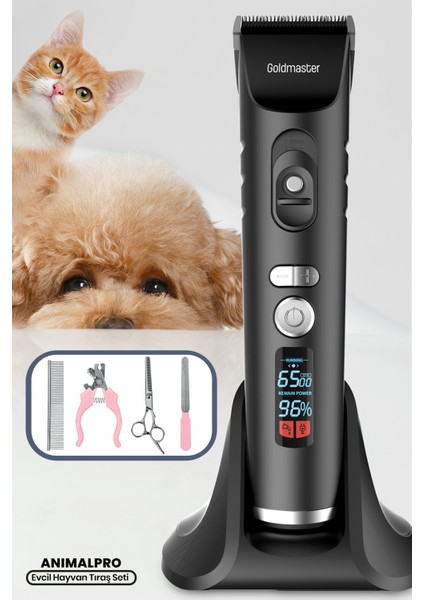 Animalpro Şarj Standlı LED Ekranlı Kedi Köpek Tıraş Makinesi Pet Evcil Hayvan Tüy Kesme Aparatlı
