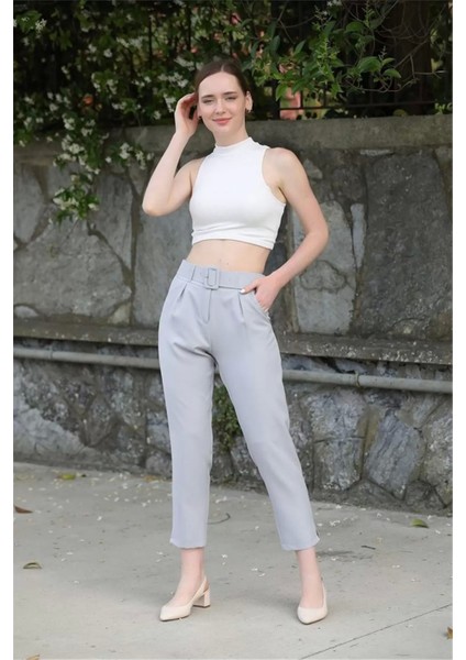 Kemer ve Pile Detaylı Kumaş Pantolon 1754 Gri