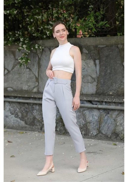 Kemer ve Pile Detaylı Kumaş Pantolon 1754 Gri modelleri