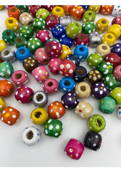 12 mm Karışık Renkli Çiçek Puantiye Desenli Ahşap,tahta Boncuk (25 Gr,~40 Adet )