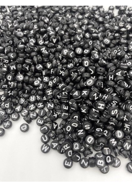 50GR Harf Boncuk - 4X7MM Yassı Siyah Zemin Üzeri Beyaz Harfli Boncuk ( 50GR,~375 Adet) indirimleri