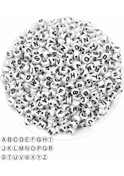 50 gr Harf BONCUK,4X7MM Yassı Beyaz Üzeri Siyah Harf Boncuk (50GR,~375 Adet)