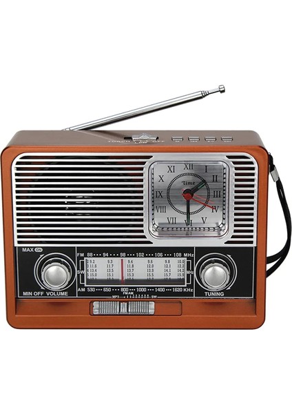 Nostaljik Radyo Fm Ahşap Görünümlü Bluetooth Hoparlör Ahşap Renk Vintage Saatli Işıklı USB Sd