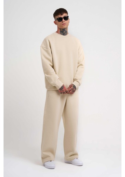 Erkek Baggy Oversize Açık Bej Eşofman Altı