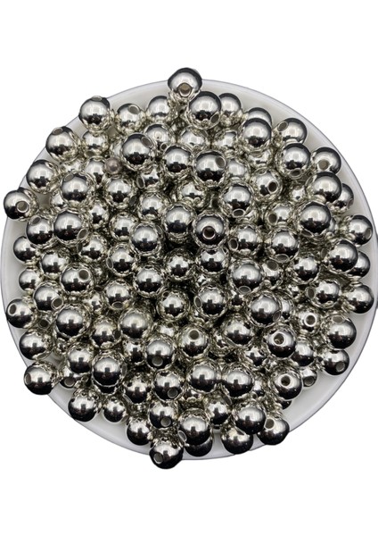 10 mm Gümüş-Nikel Renk Ccb Metalize Metal Görünümlü Plastik Boncuk,takı Boncuğu (100 Gr,~180 Adet )